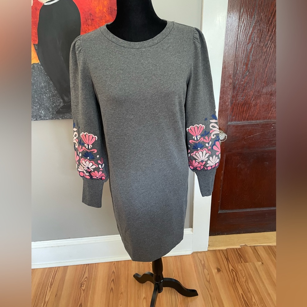 Boden Gray Sweater Dress with Floral Sleeves